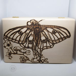 Walnut Hollow Spanish Moon Moth Wood Box with Hinged Lid and Home Decor Brown, Woodburned