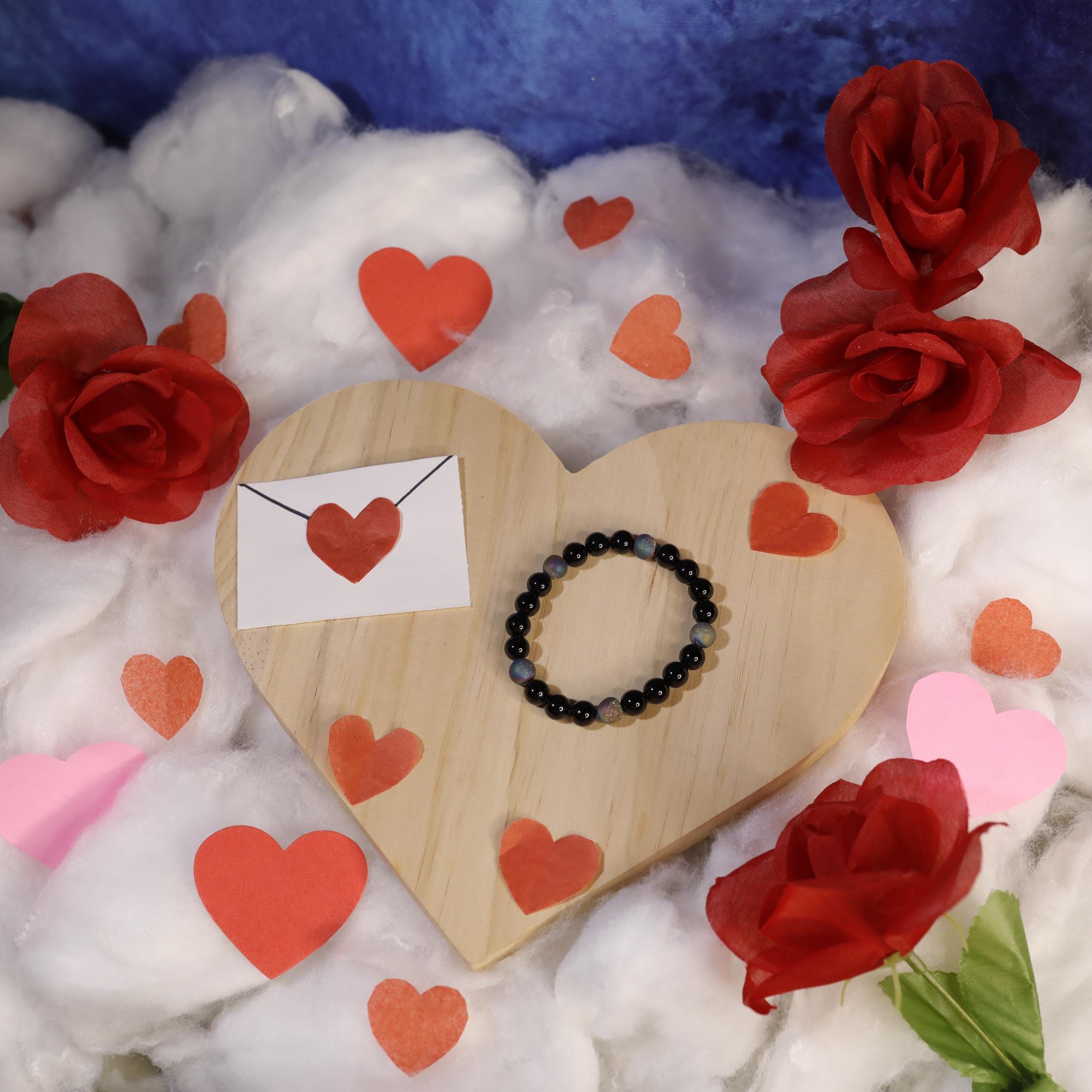 8 mm ブラックオニキスブレスレット、レインボードゥルージーアゲート