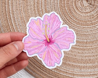 Pink Hibiscus Flower Sticker, Hawaiian Flower Sticker, Tropical Flower Sticker, Waterproof Sticker, Summer Sticker