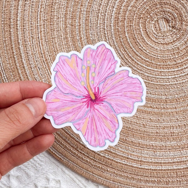 Pink Hibiscus Flower Sticker, Hawaiian Flower Sticker, Tropical Flower Sticker, Waterproof Sticker, Summer Sticker