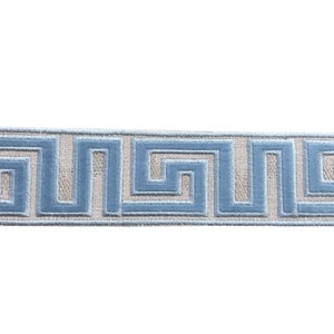 Greek Key Trim By the Yard grey light blue Tape Velvet Embroidered Athena Chinoiserie ribbon Gimp Drapery, Home Decor, Craft