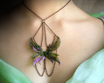 Winged Blossom- fantasy handmade Sylvari guild wars 2 necklace, butterfly elven necklace elven jewelry fantasy jewelry larp necklace