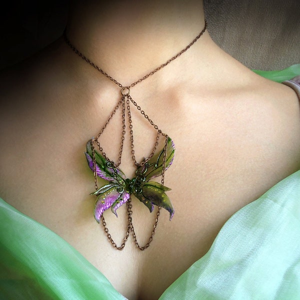 Winged Blossom- fantasy handmade Sylvari guild wars 2 necklace, butterfly elven necklace elven jewelry fantasy jewelry larp necklace