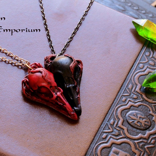 Crow necklace set, witchy necklace, gothic jewelry, matching necklace, handmade jewelry, skull necklace, raven jewelry - Crimson Heart set