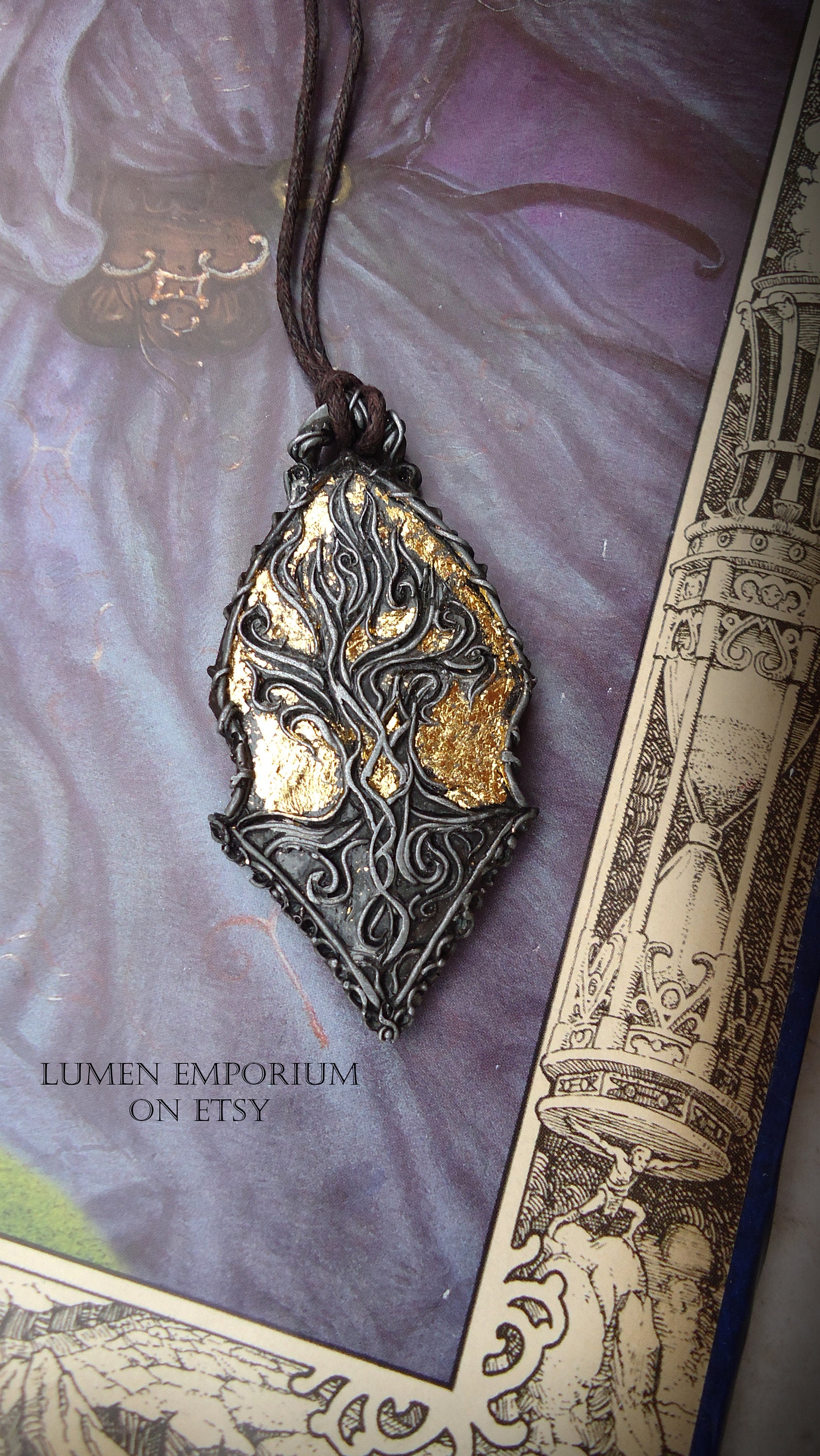 Two Ravens in Yggdrasil Necklace with Sunstone and Moonstone Crystal