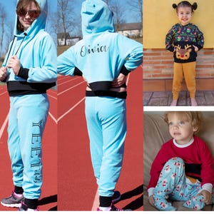 May include: A digital sewing pattern for a youth snuggle set, with a bonus pocket pals pattern. The image shows children wearing the set in various colours and styles. The set includes a hoodie and sweatpants. Difficulty rating is 2.