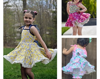 Beautiful Beginner Friendly Sundress and Bloomer PDF Sewing Pattern with no buttons, zippers, or elastic sizes 2T-20