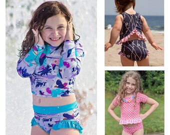 Summer Days Swimsuit Pattern - Long sleeve 2 piece bathing suit, short sleeve bathing suit, tank swimsuit with optional ruffles