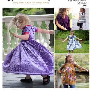 May include: Promotional image for the "Eunoia" sewing pattern collection. The image shows a young girl in a purple dress, with additional images showcasing various dress designs. Text includes "Leighton", size range, and "PDF Sewing Pattern".