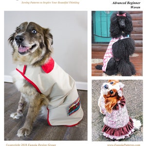 May include: A sewing pattern for a reversible pet jacket, featuring a dog wearing a beige jacket with red trim and a colorful pocket. The pattern is available in sizes XXS to XXL. The pattern is called "Marshall & Poppy's" and is from the company "Eunoia".