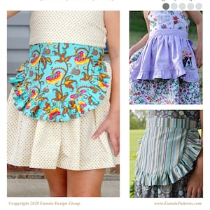 Könnte beinhalten: Bild von Kinder-Schürzen mit Rüschenkante, mit verschiedenen Mustern und Farben. Die Schürzen sind Teil eines PDF-Schnittmusters, mit dem Text "It's Apron Love" und "Eunoia" sichtbar. Die Schürzen sind für die Größen 2T-20.