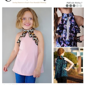 May include: A pink top with a leopard print trim and a keyhole neckline. The image also shows a close-up of a top with a butterfly print and a teal top with a paisley print. The text says "Eunoia" and "LOI Collection Top".