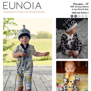 May include: The image showcases a baby cardi-sleeper sewing pattern by Eunoia. The pattern includes sizes from preemie to 3T and is designed for 4-way stretch knit fabric. The difficulty level is rated as 2. The image features a baby wearing the finished product in different patterns.