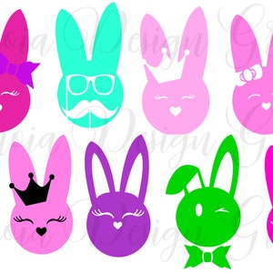 May include: A collection of colorful bunny face graphics in various colors, including pink, blue, green, and purple. Each bunny has unique features such as a bow, crown, mustache, glasses, or winking eye. The bunny faces have heart-shaped noses.