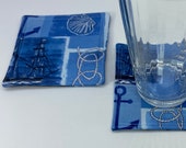Quilted Marine Theme Coaster Set of 2 Sailboats, Anchors, Rope, Shells. 4.5 inches Square. Reversible, Reusable, Washable. Handcrafted.