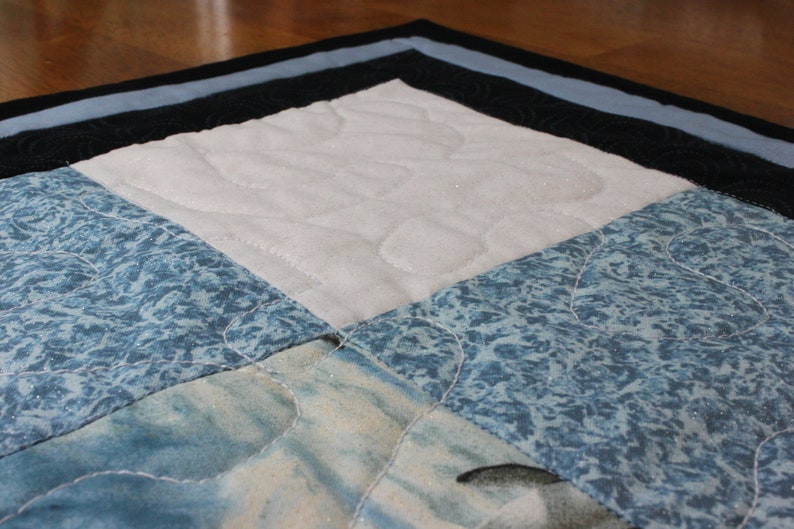 33x33 Black and White Sparkly Penguins Square Quilted Wall HangingTable RunnerBed Topper Handcrafted Blue