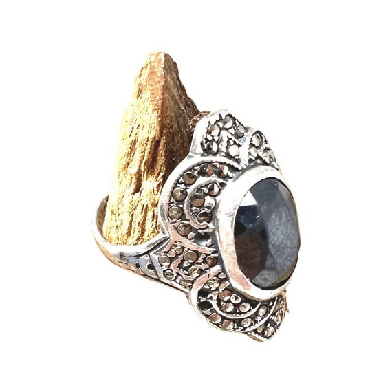 Antique Sterling Silver Black Onyx Marcasite Ring… - image 4