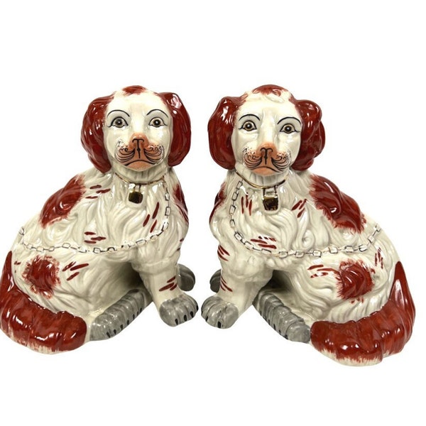 Staffordshire Style Porcelain Set Figurine Dogs Spaniel Red White Gold Tag with Chain Leash