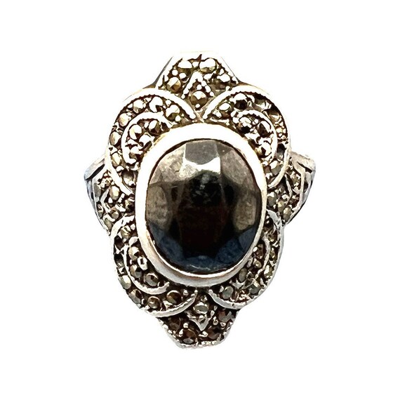 Antique Sterling Silver Black Onyx Marcasite Ring… - image 2