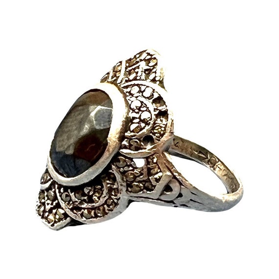 Antique Sterling Silver Black Onyx Marcasite Ring… - image 3