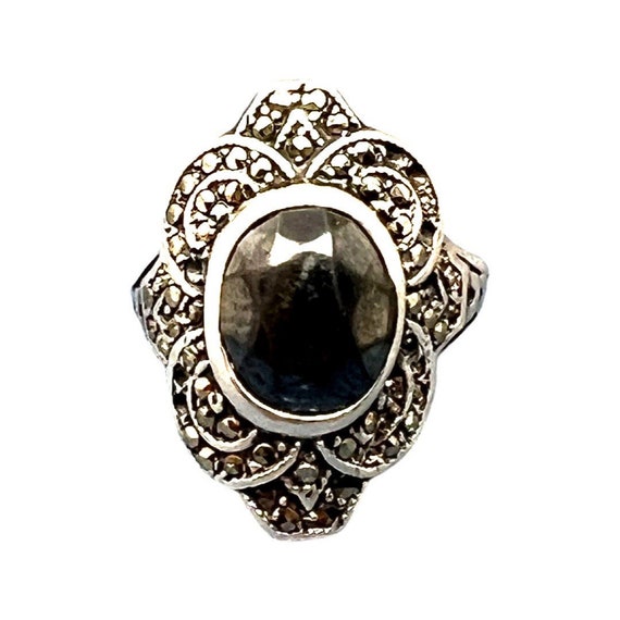 Antique Sterling Silver Black Onyx Marcasite Ring… - image 1