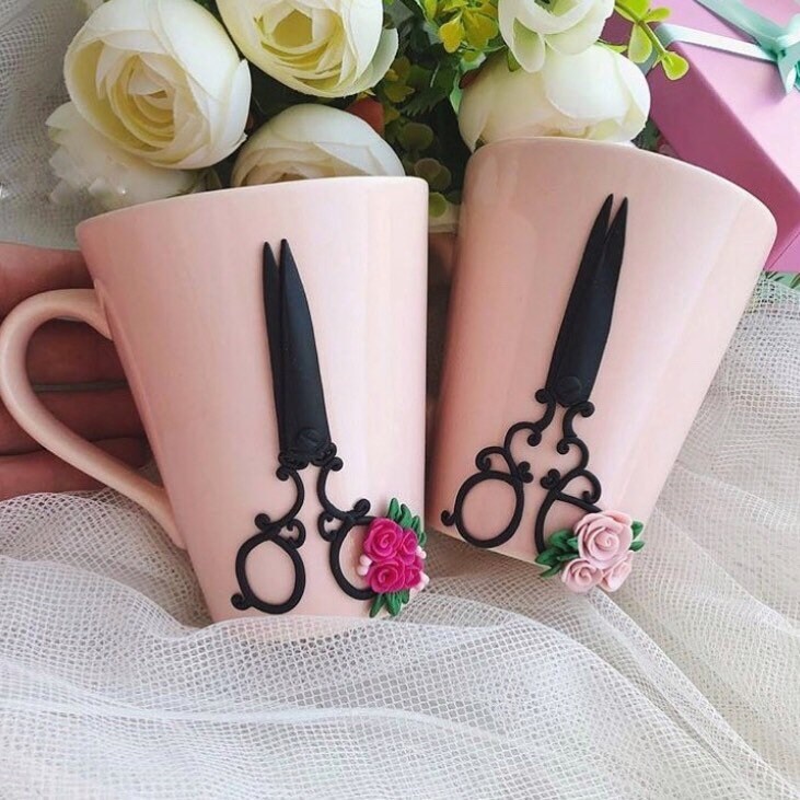 Decorated cup Vintage cup Scissors cup Gift for hir Etsy