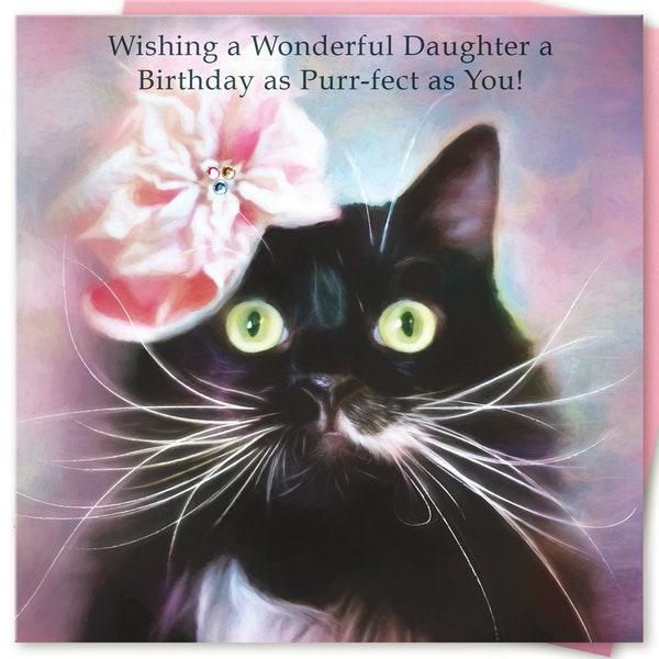 Daughter birthday card for girls women for a WONDERFUL DAUGHTER Vintage style hat Black and White Cat to or from Tuxedo cat kitten lover