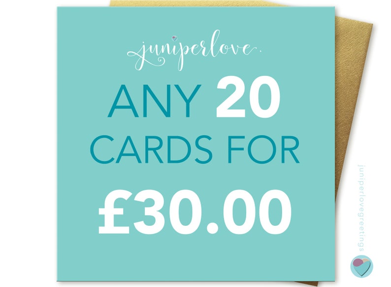 You can pick ANY 20 cards from my shop christmas birthdays anniversary any occasion by Juniperlove Greetings excluding personalised cards