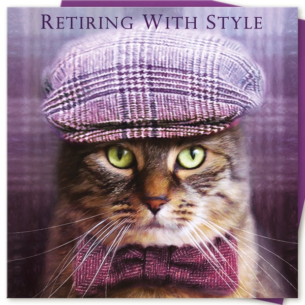 Retirement Card RETIRING WITH STYLE for men or women funny cat to or from tabby Cat Kitten lover by Juniperlove Greetings