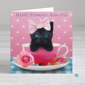 Carte d'anniversaire pour tante tante tante amoureuse des chats - Happy Purrday Aun-Tea - OU - Option personnalisée pour toute relation ou voeux