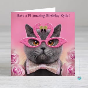 Carte d'anniversaire pour fille - carte d'anniversaire personnalisée pour amoureux des chats - carte d'anniversaire flamant rose - carte d'anniversaire pour femme - carte chat bleu britannique