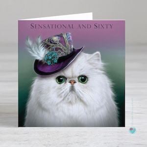 Carte d'anniversaire 60 ans pour femme et homme - Carte pour femme de 60 ans avec un chat - Sensational et soixante ans - Possibilité d'ajouter un message imprimé personnalisé à l'intérieur de la carte
