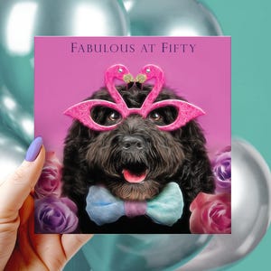 50th Birthday Card women or men - age 50 card to dog flamingo lover FABULOUS AT FIFTY -  Option to add a personalised printed message inside