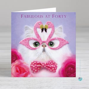 40th Birthday Card: Cat, flamingo lover add Personalised Message inside