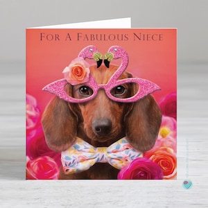 Carte d'anniversaire nièce - carte chien teckel à nièce - carte flamant rose nièce - Possibilité d'ajouter un message personnalisé à l'intérieur de la carte