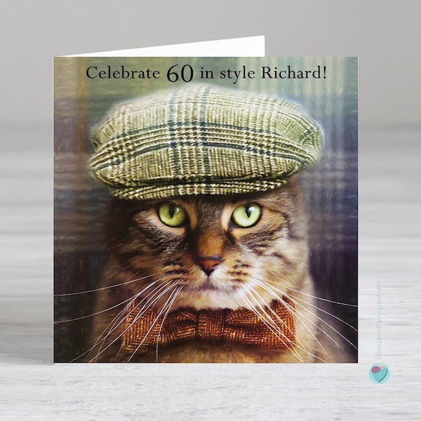 60th Birthday Card: Male Tabby Cat, Flat Cap, Bow Tie Design