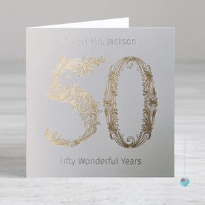 Carte du 50e anniversaire de mariage - Carte d'anniversaire de mariage dorée - En option, ajoutez un verset imprimé personnalisé à l'intérieur