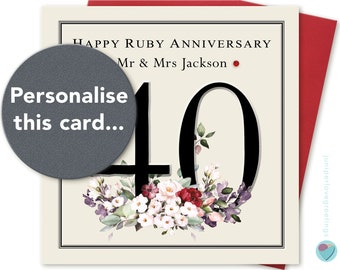 Personalised 40th Anniversary Card HAPPY RUBY ANNIVERSARY 40 years Husband Wife Friends Brother Sister in law by Juniperlove Greetings uk
