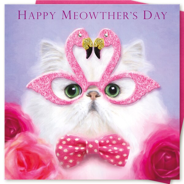 Mothers Day Card Persian Cat Mum Wife Mom Mummy Mum Pink Flamingo Glasses Bow tie Roses chinchilla Persian cat Kitten lover