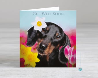Get well soon card - dog get well card - card to or from dachshund dog lover - Option to add a printed personalised message or verse inside