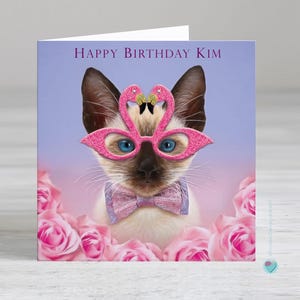 Carte d'anniversaire personnalisée à une femme - carte d'anniversaire de filles - carte d'anniversaire de chat - carte d'anniversaire de flamant rose - cadeau d'amoureux de chat siamois