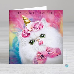 Carte d'anniversaire personnalisée pour fille - carte d'anniversaire pour un amoureux des chats - carte d'anniversaire licorne - carte de chat persan - carte de chat rigolote