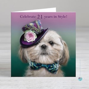 Carte d'anniversaire 21 ans pour femme, fille, 21 ans, carte shih-tzu pour amoureux des chiots, possibilité d'ajouter un message imprimé personnalisé à l'intérieur