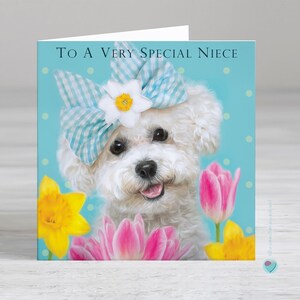Carte d'anniversaire nièce - Carte de Pâques nièce - Cadeau pour les amoureux des chiens Bichon Frise - Possibilité d'ajouter un message imprimé personnalisé à l'intérieur