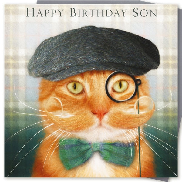 Son Birthday Card for him boys male man mens HAPPY BIRTHDAY SON to or from a natty dresser ginger cat lover by juniperlove greetings