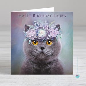 Personalised birthday card female or male - cat birthday card - birthday gift a cat lover - british blue cat card - cat art greeting card