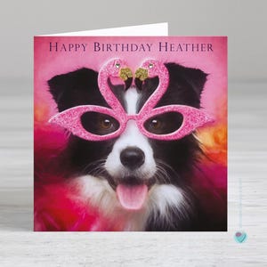 Carte d'anniversaire personnalisée filles femmes hommes garçons maman papa épouse mari soeur belle-fille nièce cousin tante flamant rose border collie chien