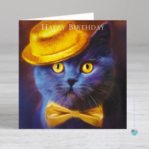 Carte d'anniversaire chat pour filles garçons hommes femmes HAPPY BIRTHDAY à destination ou en provenance d'un amoureux des chats bleu britannique à poils courts - Possibilité d'ajouter un message à l'intérieur