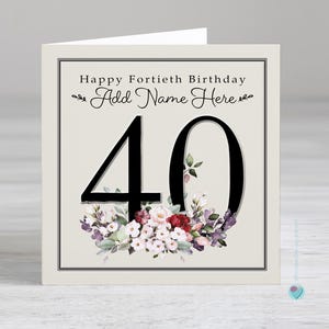 Carte 40e anniversaire pour femme - cartes 40e personnalisées pour elle - carte cadeau 40e anniversaire - carte 40e anniversaire femme - carte floral 40e