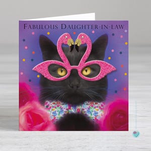 Belle-fille carte d'anniversaire filles femmes fabuleuse belle-fille félicitations merci chat noir chaton flamant rose Juniperlove salutations